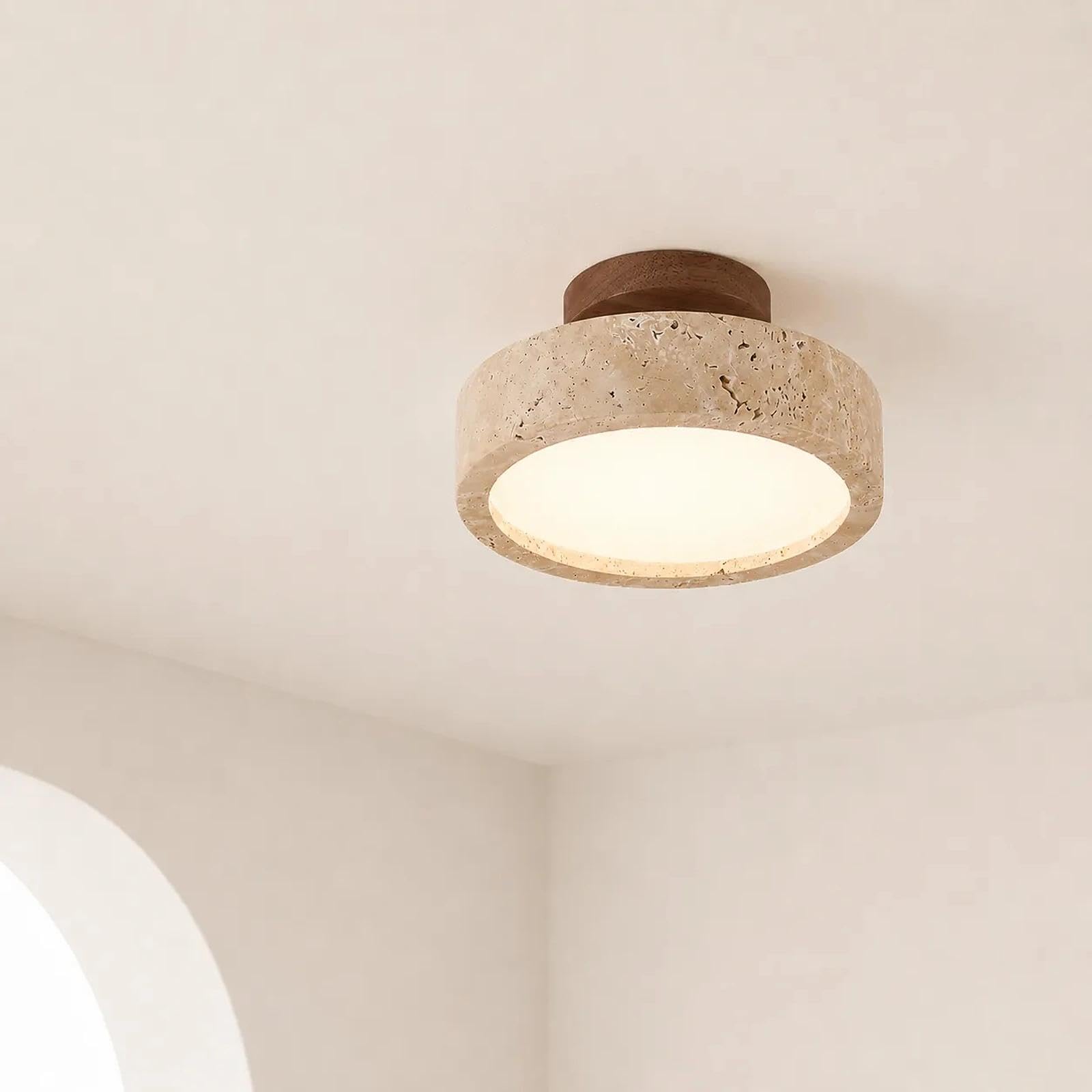 Natural Travertine Ceiling Light, 3 Colour LED Semi Flush Mount Fixture