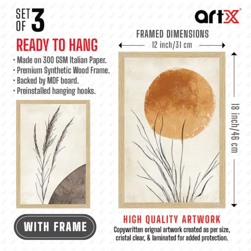 Image of ArtX Paper Boho Paintings For Wall Decoration, Home Decor Wall Art, Hotel Wall Painting for Living Room, Multicolor, Natural Wood Color Frames, 12.0x18.0 inch, Set of 3