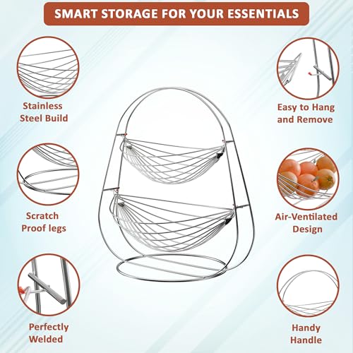 Image of Kuber Industries Stainless Steel 2 Tier Oval Swing Fruit and Vegetable Basket | Countertop Onion Potato Rack for Kitchen /Pantry | Fruit Basket for Dining Table | Vegetable Storage Stand | Silver