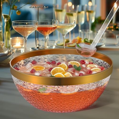 Cenei Beverage Serving Set–Plastic Punch Bowl with Gold Trim, Cocktail Salad Snack Bowls for Weddings& BBQs–Easy to Clean Kit - Image 3
