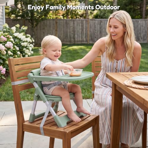 Image of Baby High Chair Booster Seat: Portable Booster Seat for Kitchen s Dining Chair Foldable Highchair - Travel Size Tool-Free Setup Adjustable Tray (Green)