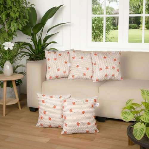 Image of STITCHNEST 'QuadraNest' Series Printed Quilted Velvet Cushion Cover 16x16 Inch Set of 5 | Premium Soft Fabric, Washable & Fade Resistant | Decorative Living Room Cushion Covers | Orange Floral