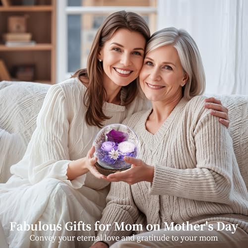 Emibele Mother's Day Eternal Rose Gifts for Mom, Preserved Real Rose in Glass Dome with LED Light for Decoration, Flowers for Delivery Prime, Gifts for Women Wife Her on Birthday Anniversary, Purple - Afbeelding 6