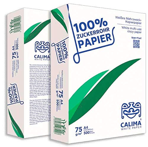 CALIMA® WHITE PAPER Kopierpapier, Druckerpapier, TreeFree, Upcyling aus 100% Zuckerrohrrückständen, umweltfreundlich, nachhaltig, DIN A4 75g/m², weiß, (2500 Blatt = 5 Pakete à 500 Blatt), Recycling