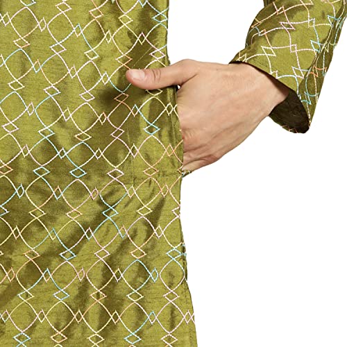 Image of SOJANYA, Men's Silk Blend NavyBlue Kurta with Multi Color Embroidery and Off-White Pyjama