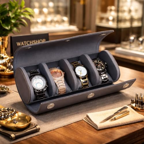 Image of essart Travel Watch Roll Case 4 Slots - Portable Luxury Watch Organizer & Storage Box for Men & Women