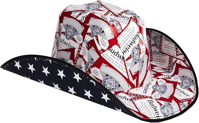 Budweiser American Flag Cardboard Cowboy Hat, Patriotic Stars and Stripes Design, Red White Blue Beer Can Pattern, Western Style Headwear