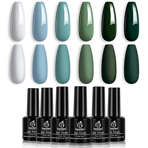 Beetles Blue Green Gel Nail Polish Set - 6 Colors Misty Gray Dark Green Gel Polish Kit Baby Blue Nail Gel Polish Soak Off LED Nail Lamp Gel Nail Kit DIY Home St. Patrick's Day Manicure Gifts Box