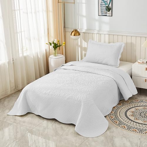 MarCielo 3-Piece 100% Cotton Oversized Bedspread Lightweight Quilt Coverlet Embroidery Farmhouse Bedding Set T0 (Bright White, Twin (68"x86"))