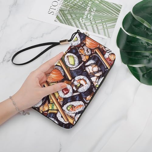 Sushi Rolls Stacked Women's Leather Clutch Wallet with Zip Card Holder Hand Strap Large Capacity4