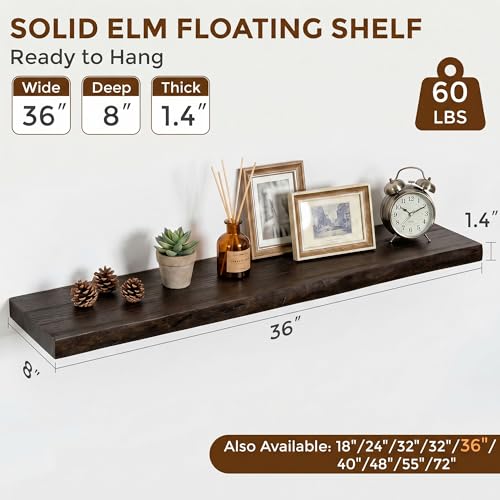 Image of Dreamland 36 Inch Long Floating Shelves Set of 2, Rustic Solid Elm Wood Live Edge Floating Shelf Wall Mounted, 8 Inch Deep Wooden Wall Shelves for Living Room, Bedroom, Bathroom, Kitchen, Walnut