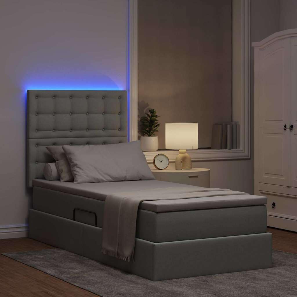 Moderno letto portaoggetti con materasso da 100 x 200 cm, illuminazione a LED grigio chiaro, telaio in metallo e rivestimento in poliestere, include materasso medio rigido e sistema di