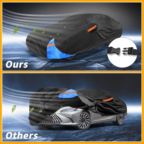 Image of Waterproof All-Weather Universal Car Cover with Right Side Zipper, 210D-PU Black Blue Fits for Sedan 165 inch to 177 inch Length