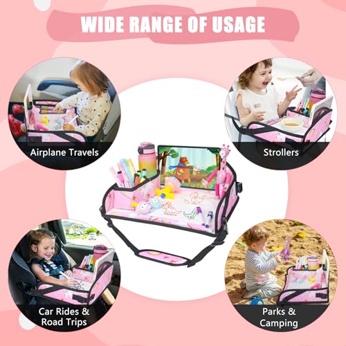 Image of Kids Travel Tray for Car Airplane - Car Seat Tray for Kids Travel, Toddler Carseat Lap Table, Road Trip Essentials, Lap Desk for Kid Roadtrip Activities, Pink Unicorn