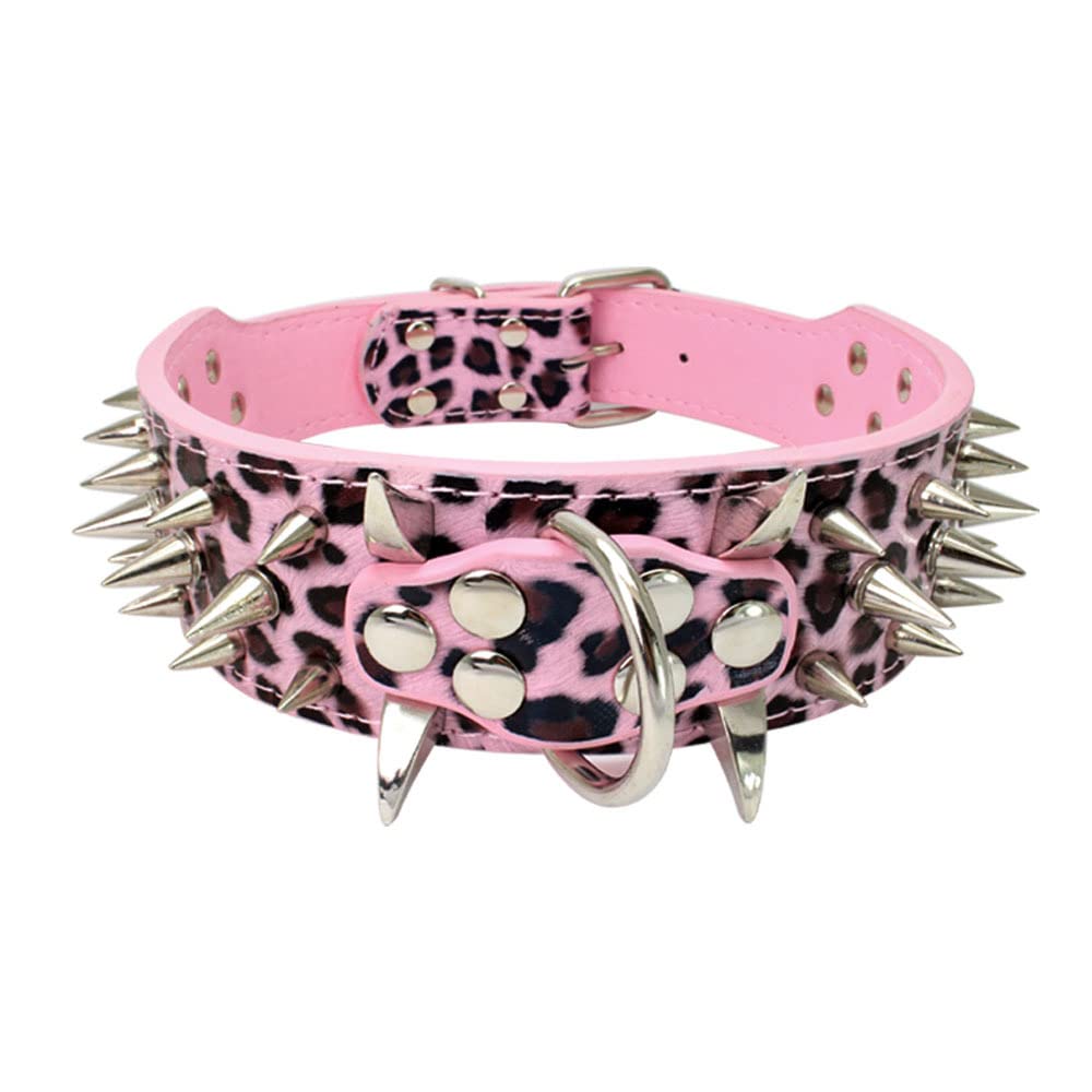 Izefia Dog Collar Sharp Spiked Studded Luxurious Padded Leather Collars for Medium Large Dogs - 2 Inch Width Necklace Anti-Biting (S, Pink Leopard-SV)