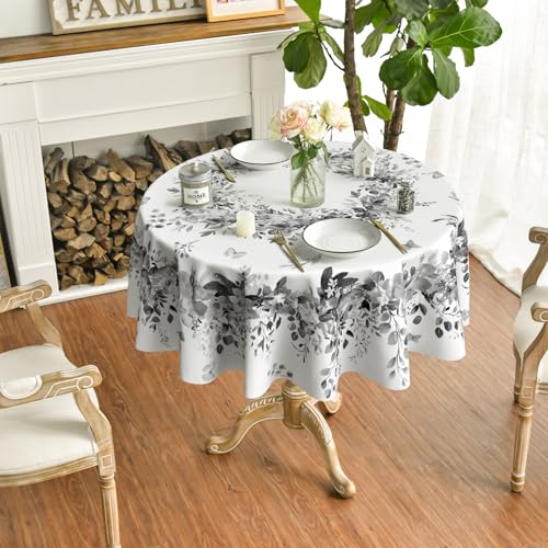 Image of Horaldaily Spring Tablecloth 60 x 60 Inch Round Eucalyptus Floral Gray | Washable Table Cover for Party Picnic Dinner Decor