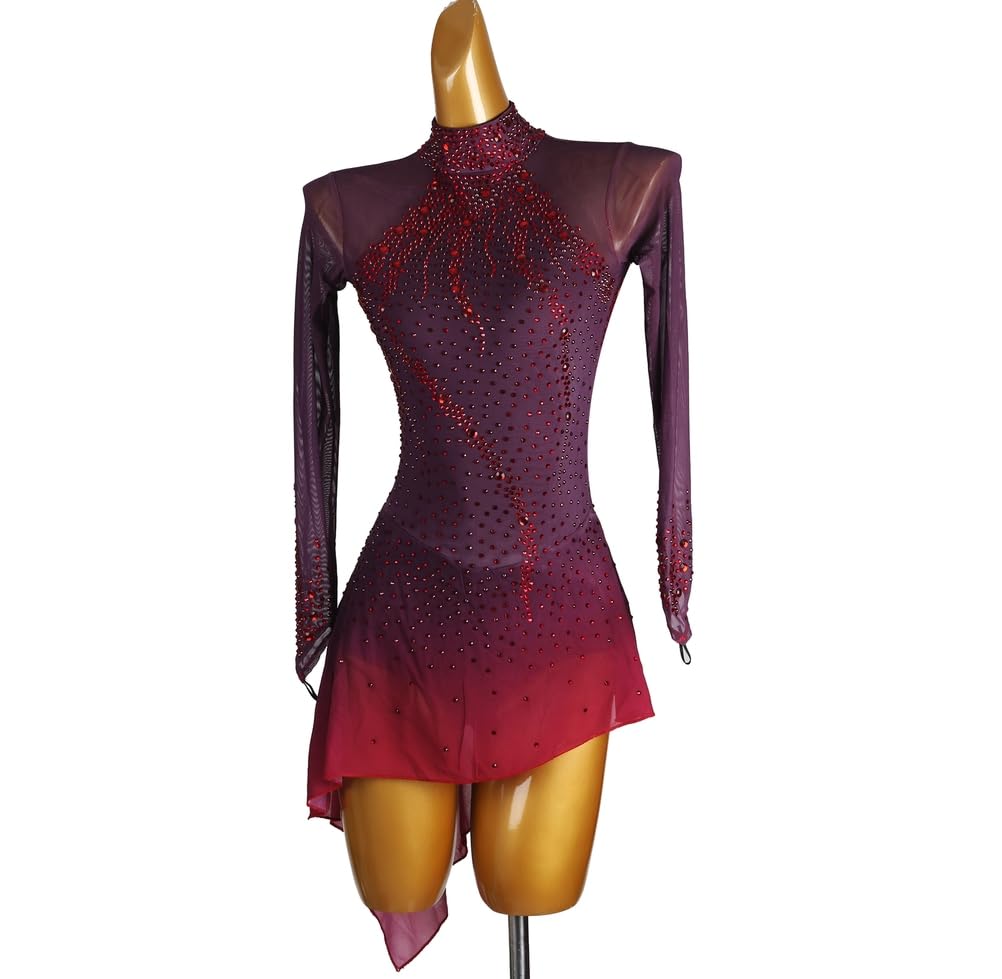 Glitzer Eiskunstlauf Kleid Damen Langarm Kürkleid Mit Strass Rollkunstlauf Wettbewerb Tanzanzug