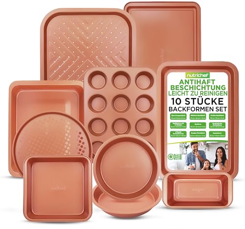 Nutrichef 10-teiliges Backform Set Antihaftbeschichtet, Springform Set Hitzebeständig, Spülmaschinengeeignet & Stapelbar, inkl. Muffinblech, Pizzablech, Springform & Co, Backset für den Backofen