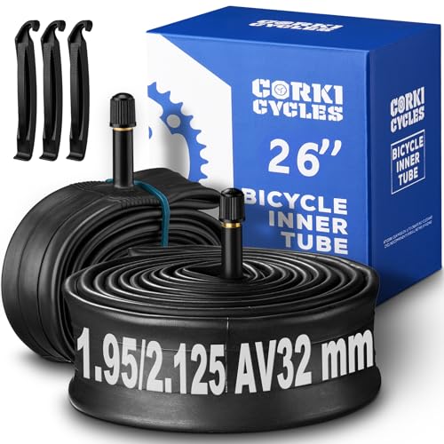 Corki Cycles 26 Inch Mountain Bike Tire Inner Tube 26 x 1.95 2.0 2.1 2.125 Schrader Valve 32mm, Heavy Duty Butyl Rubber 26in MTB Bicycle Tube Replacement 2 Pack