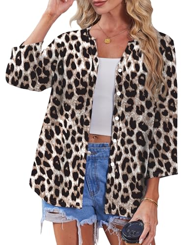 Image of OFEEFAN Button Down Shirts for Women 3 /4 Length Sleeve Tops V Neck Blouses Business Casual Outfits Loose Fit