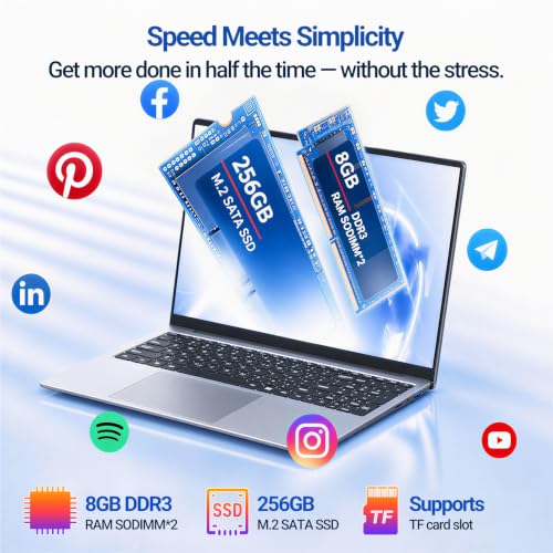 Image of Laptop, 15.6 inch Laptop Computer, Lap top with 1080P FHD Display, Core M3 up to 2.2GHz, UHD Graphics, 8GB RAM 256GB SSD, 180 Open, Win 11 Pro /Office, Mini HDMI, Thin & Light Silver Notebook PC