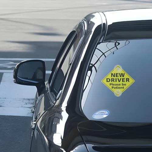 Image of 2PCS New Driver Car Sign, 5 x 5 Inch Please Be Patient Vehicle Window Sign Stickers with Suction Cups, Safety Warning Automotive Decal for Beginners Driving Learner, Universal Fit (Style 1)