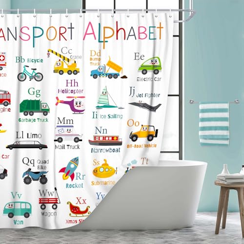 Image of Vehicles Alphabet Shower Curtain for Kids, Kid Excavator Tractor Machinery Trucks, Construction Vehicle Shower Curtain for Boys