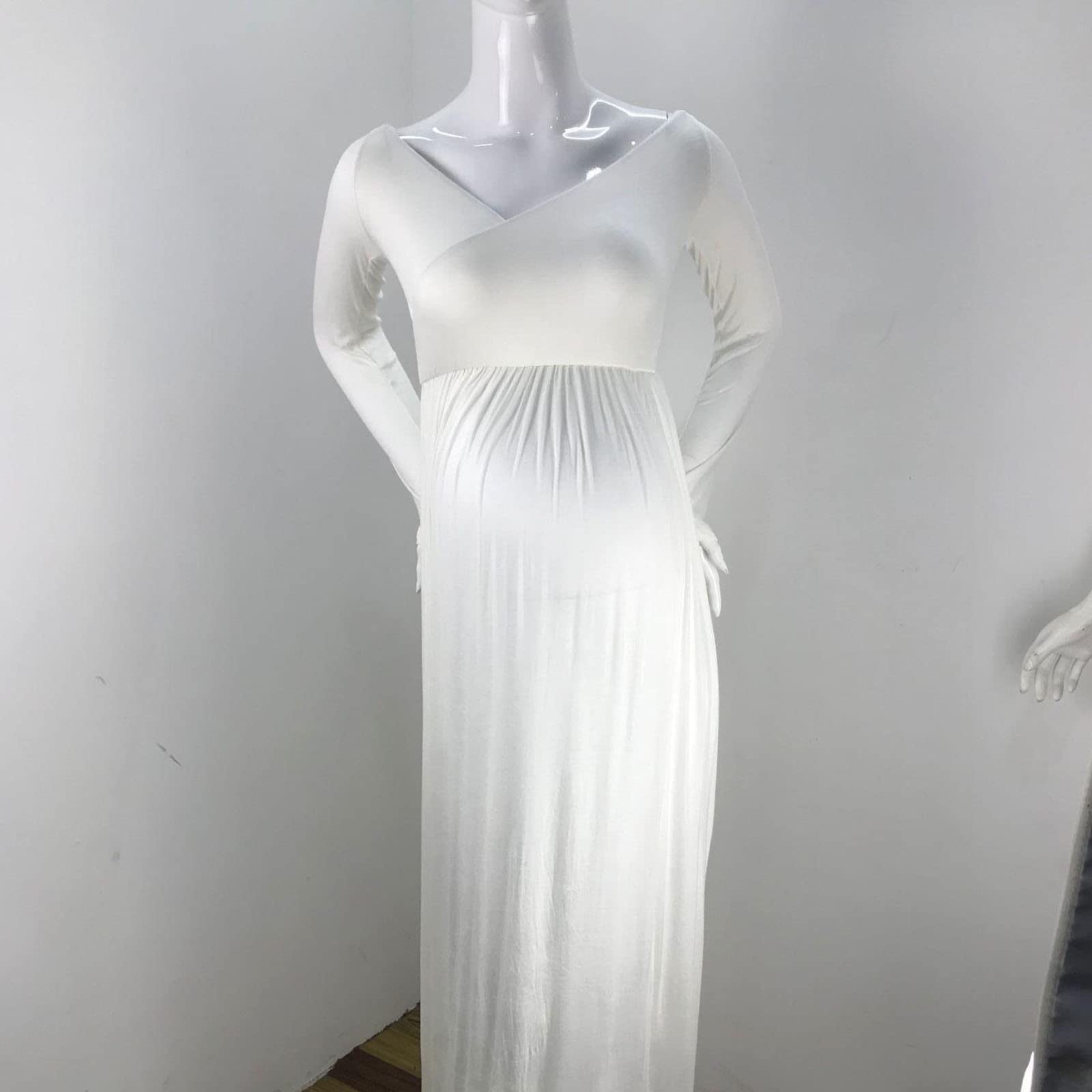 Robe Maternité Shooting Photo Bustier Col en V Sexy Manches Longues Robe Femme Enceinte Grande Taille Pas Cher Robe Grossesse Mariage Ceremonie Soiree Cocktail Chic Et Elegant