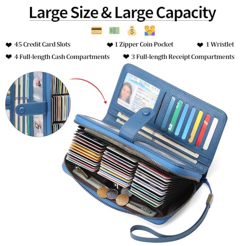 GAEKEAO Leather Credit Card Holder Wallet for Women RFID Blocking Large Capacity Bifold Zipper Card Case Organizer with Wristlet 45 Slots2