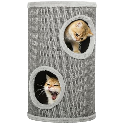 PawHut Kratztonne, 60 cm Hoch Ø 35 cm zweistöckige Katzentonne mit 2 Höhle, Kratzbaum mit Plüschrand, Katzenturm für 1-2 Katzen bis 5 kg, Hellgrau
