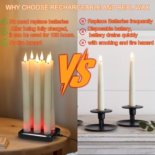 Image of GenSwin Rechargeable Flameless Taper Candles with Charging Base, 6 Pack LED Candles Battery Operated with Remote Timer, Real Wax Flameless Candlesticks for Halloween Christmas Decorations(Ivory)