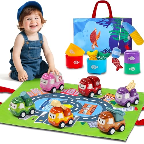 Montessori Toys for 1 Year Old - 12 in 1 Cloth Toddler Fishing Game with Stacking Cups & Truck Car, Color Sorting and Baby Fish Toys for Toddlers 1-3, 1st Birthday Gift for 1 2 3 Year Old Boy Girl