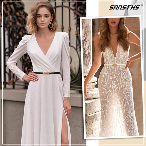 SANSTHS 2 Pack Thin Ladies Waist Belt for Dresses Jeans Pants, Skinny Womens Belt with Antique Gold Buckle