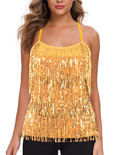 MANER Women’s Sequin Fringe Top Sparkly Party Tank Top Tassel Trim Cami