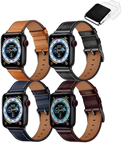 (4 Pack)Compatible with Apple Watch Band 49mm 45mm 44mm 42mm, Genuine Leather Bands Strap for iWatch Ultra SE Series 9 8 7 6 5 4 3 Men Women(Black/Brown/Retro Brown/Navy Blue)2x Screen Protector As
