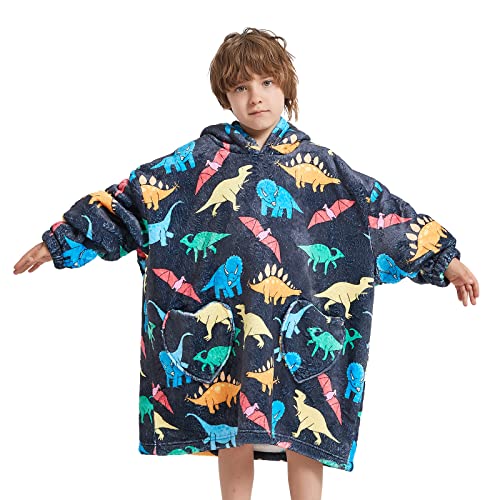 Mewkou Wearable Blanket Hoodie For Kids 4-12Yr,Oversized Sherpa Hooded Wearable Blanket Sweatshirt With Pockets,Gifts For Girls Boys Teens Birthday Christmas,Little Dinosaur #TOP18