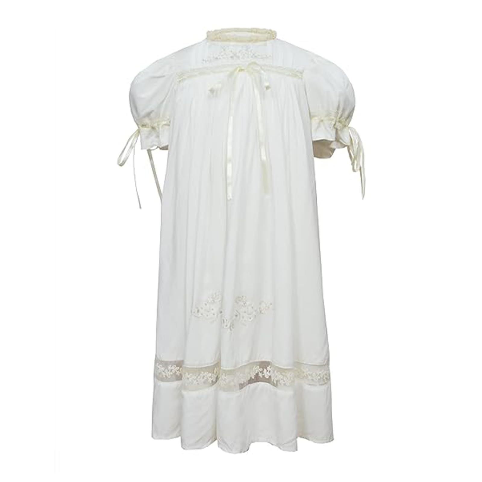 JannyBBGirl Dress, Embroidered Floral Heirloom, Lace Crew Collar, Puff Sleeve, Cotton Kids Casual Clothing Beige