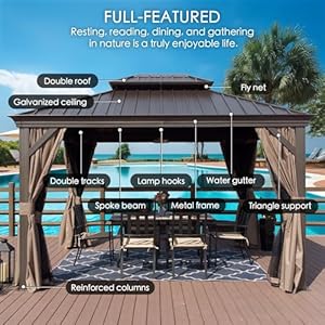 Kozyard alexander 12 x 20 hardtop gazebo aluminum metal gazebo with galvanized steel double roof canopy curtain and netting permanent gazebo pavilion for patio backyard deck lawn brown  urban country home decor