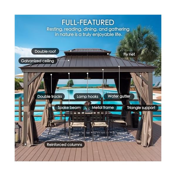 Kozyard alexander 12 x 20 hardtop gazebo aluminum metal gazebo with galvanized steel double roof canopy curtain and netting permanent gazebo pavilion for patio backyard deck lawn brown  urban country home decor