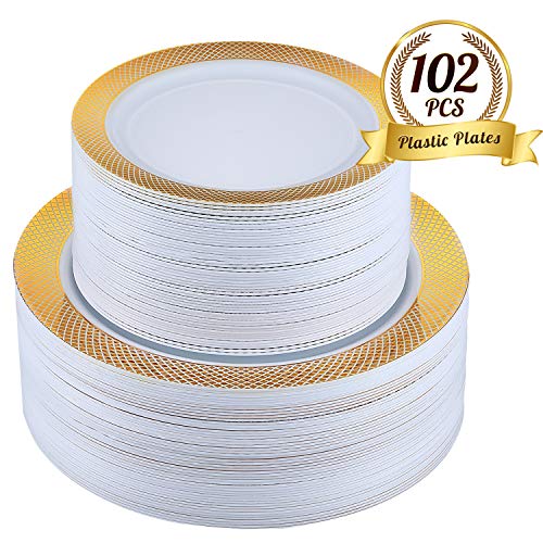 FOCUS LINE 102Pcs Disposable Plastic Plates Gold Grid Rim Party Plates，51Pcs 10.25 Inch