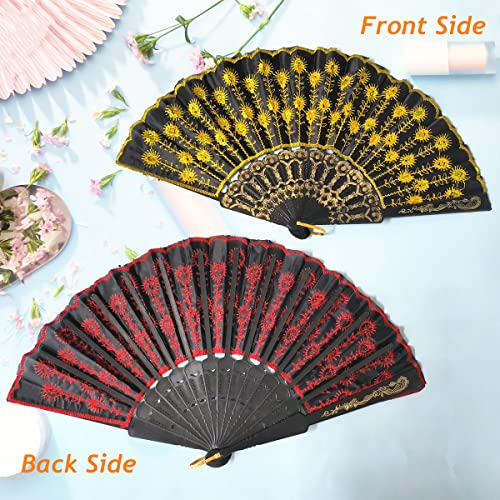 Morices 2 Pcs Sequin Folding Fans, Elegant Embroidered Flower Peacock Pattern Handheld Fan - Image 2