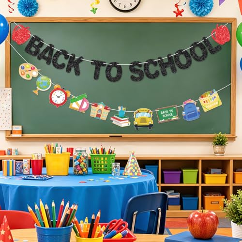 Image of Glitter Back to School Banner First Day of School Garland Colorful Glittery Pencil Apple Classroom Decorations for Teacher Preschool Classroom Office Home Decor Photo Backdrop Party Favors
