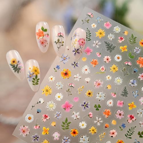 Image of Flower Nail Stickers Colorful Floral Nail Art Stickers Summer Wildflower Leaf Plant 5D Embossed Self-Adhesive Nails Decals Supply Manicure for Women Nails Decoration