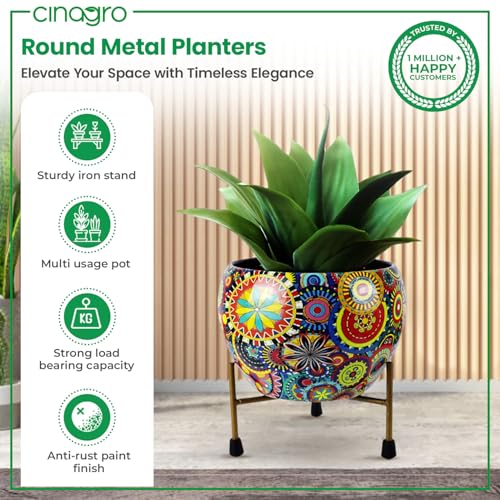 Image of CINAGRO Large Metal Flower Vase Pot with Iron Stand, Pots for Plants, Plant Pots for Home Decoration, Succulent Pot, Indoor Planter Garden Decor (Size: 9.8 X 9.8 inch) Style: Mandala Fusion Grand