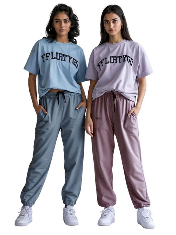 Image of Fflirtygo Cotton Solid Joggers /Track Pant /Solid Pajama /Leggings for Women Combo Pack of 2Pcs, Navy Blue and Light Blue