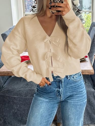 Image of Saodimallsu Womens Bow Sweater Cropped V Neck Long Sleeve Pullover Tops | Soft Cozy Knit, Two-Way Wear Design, Front & Back Bow, Cute Fall Tops 2026, Winter Fashion, Dressy Casual Holiday Outfits