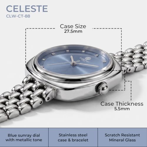 Image of Carlton London Women Celeste Analog Watch, Square Dial, Stainless Steel Strap, Quartz Movement, 30M Water Resistant, Casual Wear