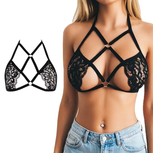 Looching 1 Pack Women Lingerie Cage Bra Sexy Black Lace Cut Hollow Out Sheer Elastic Strappy Harness Cami Bra