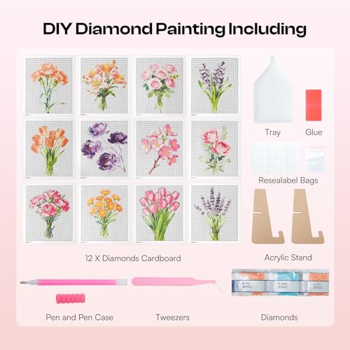 Image of Caydo 12 Pack Flower Themed Diamond Painting Kits for Adults - Full Drill 5D DIY Paint Gem Art - A Relaxing Craft for Home Wall Decor(6x6inch)