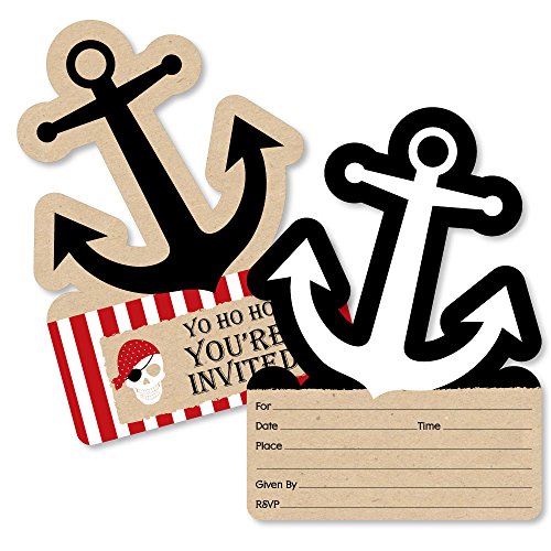 Beware of Pirates - Shaped Fill-In Invitations - Pirate Birthday Party Invitation Cards with Envelopes - Set of 12